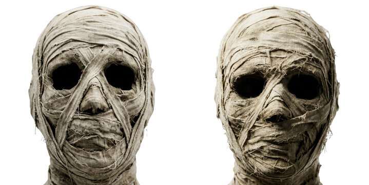 Two mummy heads wrapped in ancient bandages isolated on transparent background