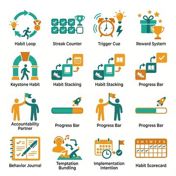 Collection of habit formation and productivity icons featuring flat vector design elements for goal setting and personal growth applications