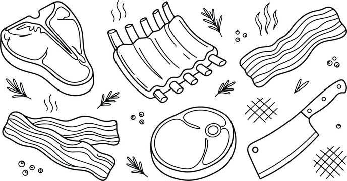 Fresh meat products and butcher line art vector icon set with steak ribs bacon pork beef and cleaver