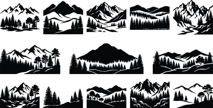 Black Silhouette Mountain Landscape Illustrations with Trees and Hills for Outdoor Design