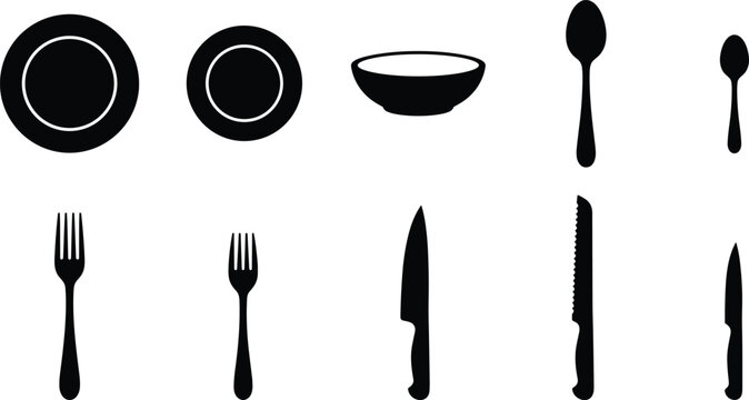 Black Silhouettes of Dining Utensils and Tableware for Kitchen and Restaurant Design Concepts