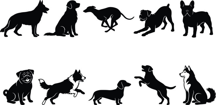 Black Silhouettes of Dog Breeds in Different Poses for Pet and Animal Design