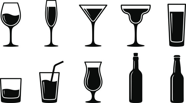 Black Silhouettes of Drinkware and Bottles for Beverage and Hospitality Design Projects