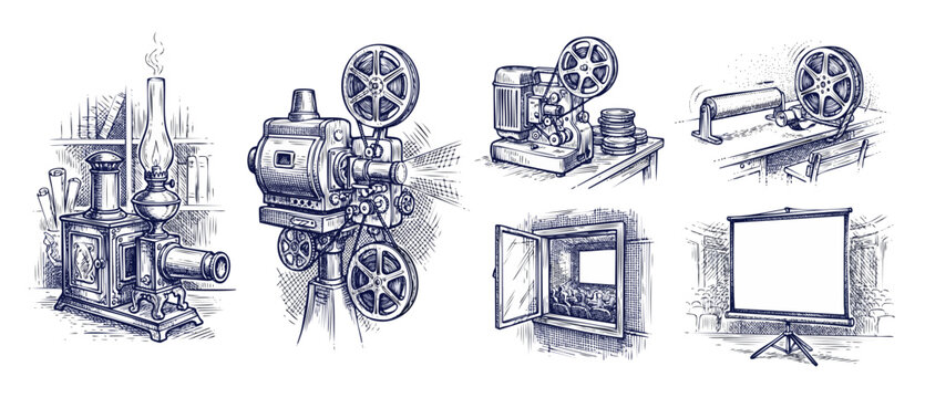 Vintage movie projector magic lantern hand drawn sketch set of retro filmmaking equipment, history of cinema and movie projection technology in a classic monochrome engraving style illustrations pack.