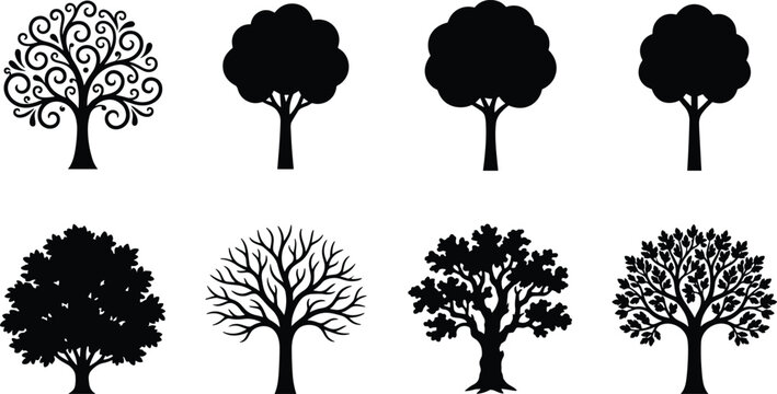 Black Silhouettes of Stylized and Realistic Trees for Nature Design ProjectsBlack Silhouettes of Stylized and Realistic Trees for Nature Design Projects