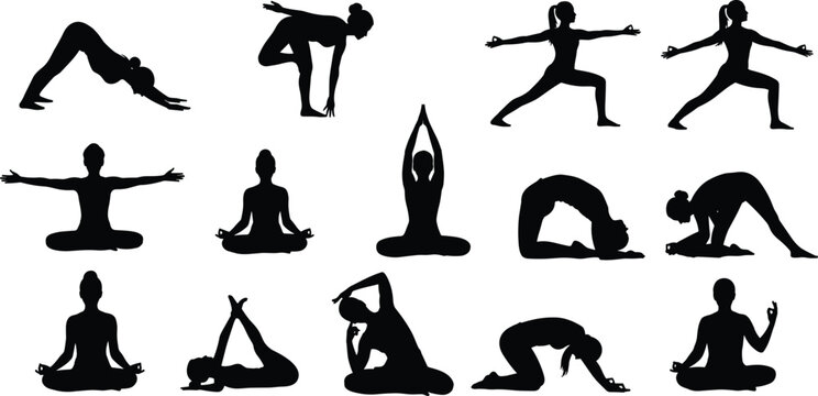 Black Silhouettes of Yoga Poses for Wellness and Mindfulness Design