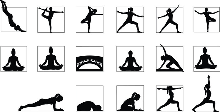 Black Silhouettes of Yoga Poses and Meditation Icons
