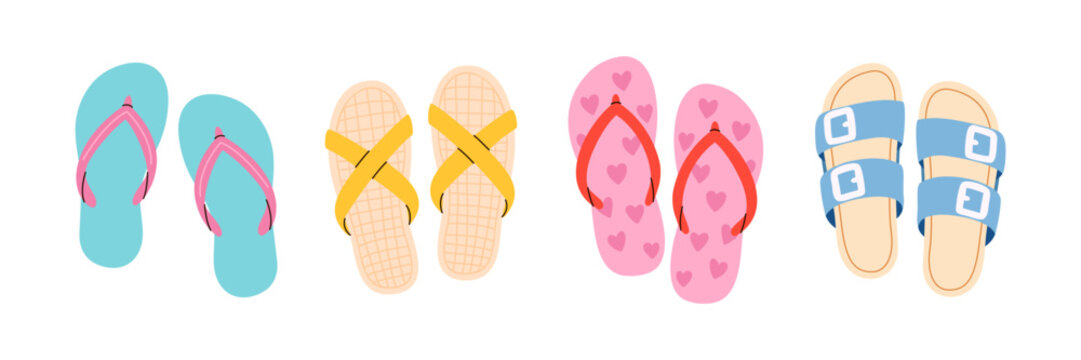 Flip flops beach sandals summer footwear collection. Slippers pool slides shoes set. Mediterranean marine resort coastal holiday vacation travel sun ocean island vector