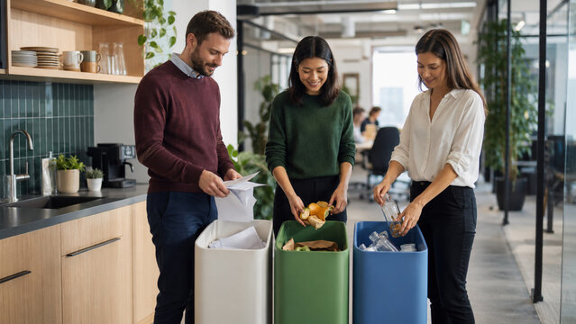 Coworkers sorting office waste for recycling