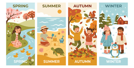Fototapeta premium Set of four seasons vector illustrations with children having fun during spring summer autumn winter.