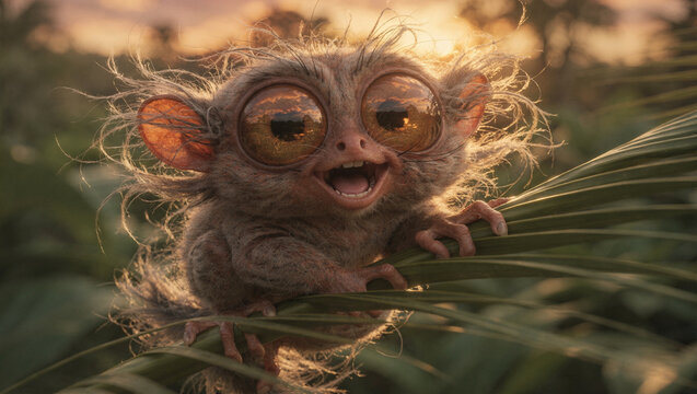 Funny ugly animals tarsier with large eyes staring from a dark misty forest