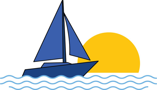 A blue sailboat sails across calm waters towards a setting sun.