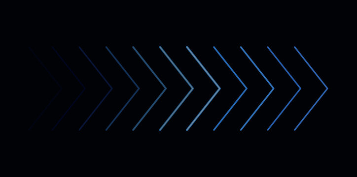Abstract moving forward chevron arrows in a gradient of blue colors on black background.