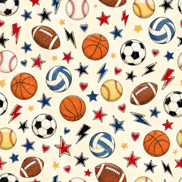 sports pattern with mixed sports balls, stars, lightning bolts and little hearts on a cream background, designed in a bold retro varsity style with distressed texture