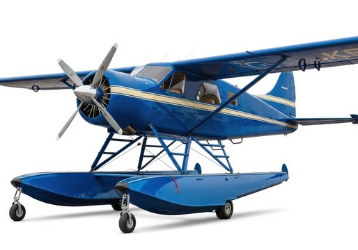 Vintage Blue Floatplane Seaplane Isolated on White Background - Classic Bush Plane for Remote Travel and Adventure
