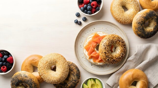 Assorted bagels with lox, cream cheese, berries and cucumbers on a table