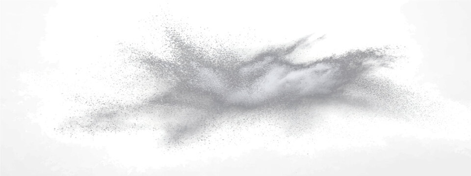 Explosion of grey powder or dust erupts outward, creating dynamic, energetic abstract formation against stark white background.