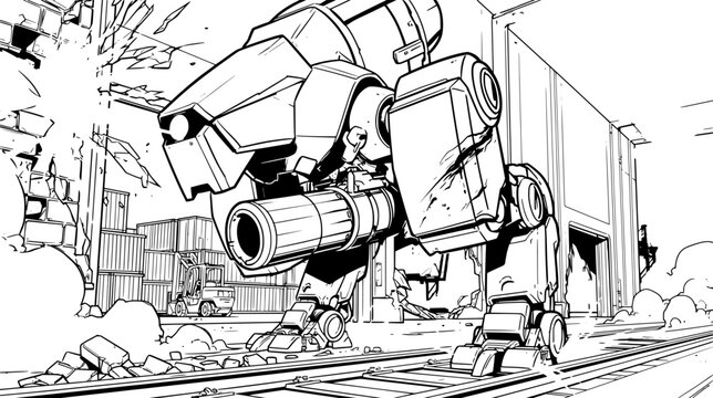 Giant armed military combat robot mech destroying city infrastructure with weapon fire