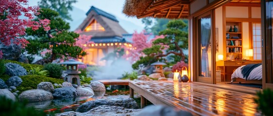 Obraz premium A luxury Japanese-style thatched-roof retreat overlooking a tranquil inspired garden after rainfall,