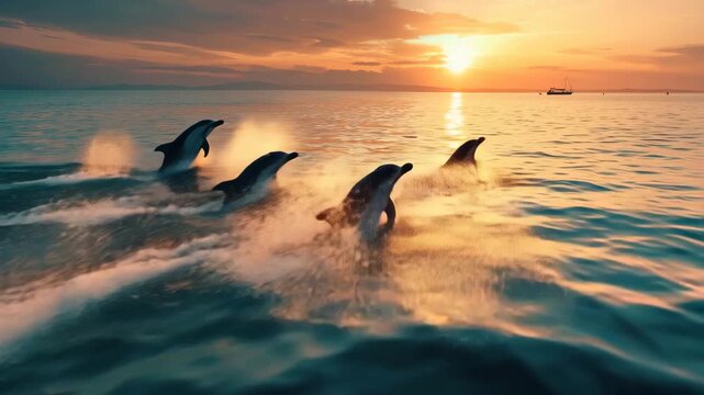 Dolphins Jumping Across the Ocean at a Stunning Golden Sunset