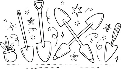Collection of gardening tools and shovel icons with decorative stars, hand drawn © MdMujahidFakir