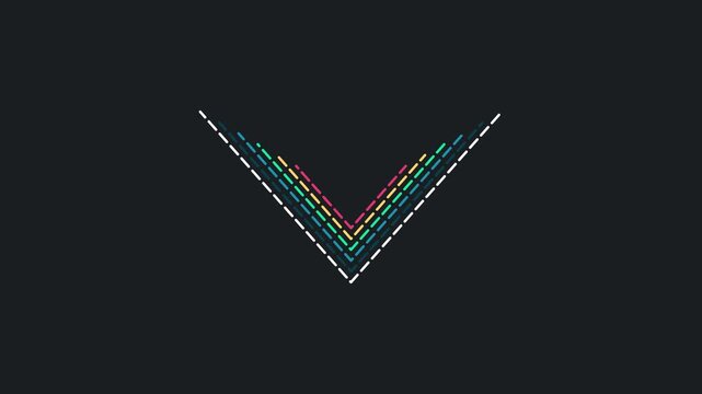 Minimalist v-shape motion with colorful pulsing dashed lines on dark background, motion minimalist abstract