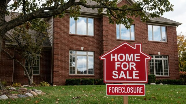 Large red brick house with home for sale and foreclosure sign positioned on green grass yard under cloudy day light.