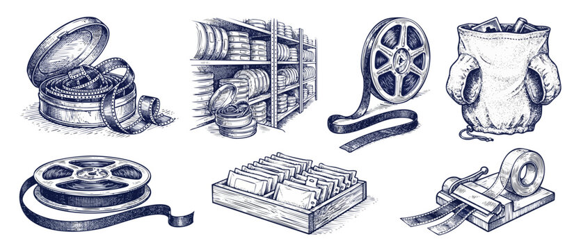 Vintage film reel cinema equipment, hand-drawn sketch icons of movie canisters, archiving shelves, film splicer, and slides for analog production design, nostalgic retro engraving illustration.