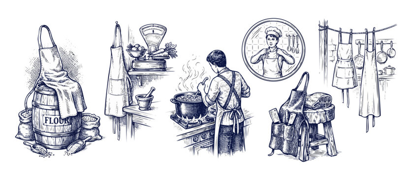 Kitchen cooking hand drawn sketch elements of male chef preparing food, baking flour barrel, and rustic aprons hanging in vintage engraving style illustration set on a clean white background.