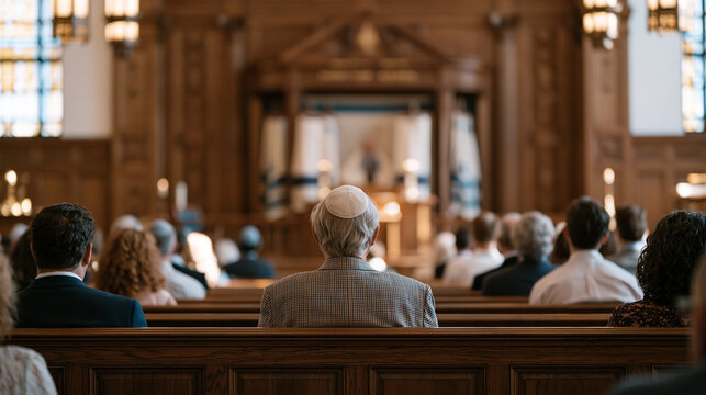 Rosh Hashanah synagogue congregation mid-prayer, Torahs visible at bimah, congregants in formal attire, New Year liturgy in progress, wide establishing interior with carved wood