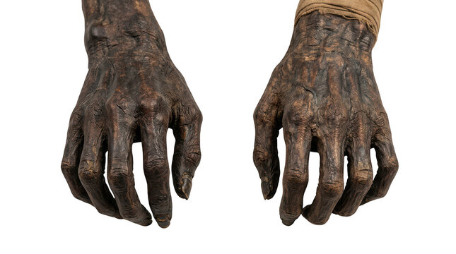 Closeup of two ancient mummified human hands, dark and shriveled, with visible texture, isolated on transparent background