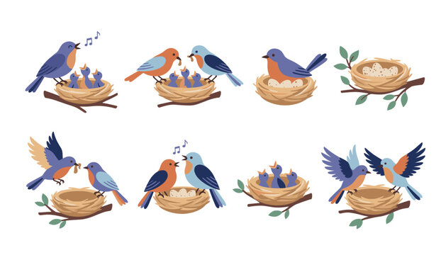 Bird nest transparent cartoon vector set. Cute family of blue and orange birds feeding chicks, hatching spotted eggs, singing on tree branches.