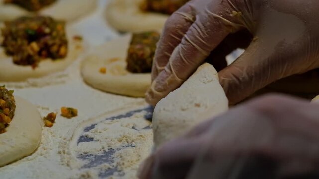 Gloved baker hands shaping filled dough with minced meat on a floured counter. Traditional Turkish pide or borek preparation in a bakery kitchen, showing handmade pastry production and culinary craft.