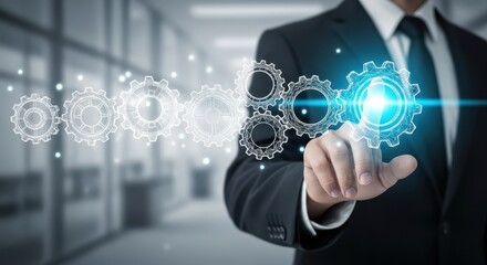 Fototapeta premium Businessman Touching Digital Gear Interface Representing Business Process Automation and Innovation Concept