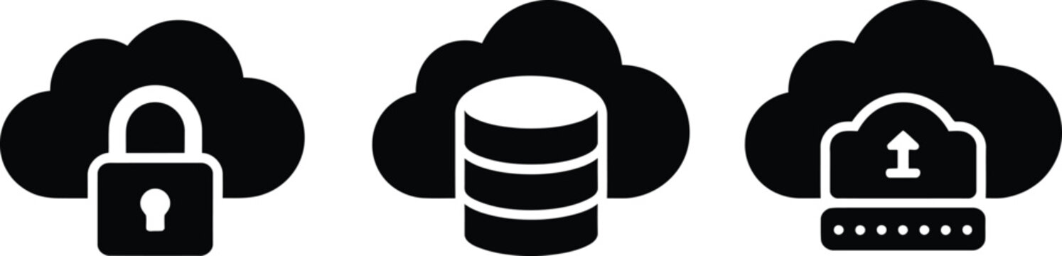 A simple black silhouette icon set of cloud storage database and secure upload