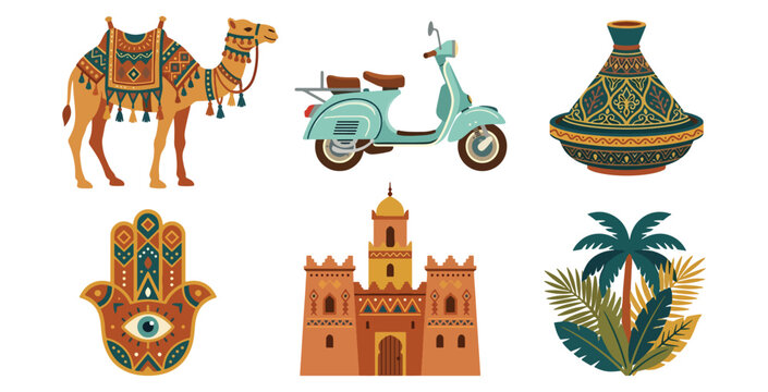 Traditional culture elements set including camel scooter tajine hamsa building and tropical palm tree.