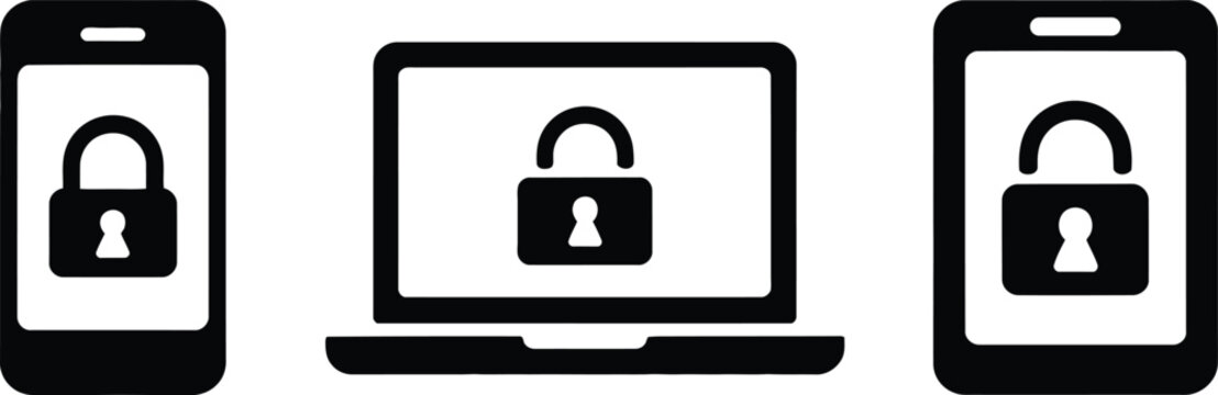 A simple black silhouette icon set of secure smartphone and laptop devices
