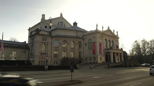 B-roll of Prinzregententheater building in Munich Germany, featuring neoclassical facade architecture by Max Littmann and a historic Wagner style amphitheatre auditorium inside.