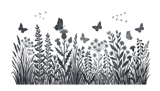 Wild grass transparent silhouette vector set. Floral meadow border with herbs, field flowers, flying butterflies, flying birds flock.