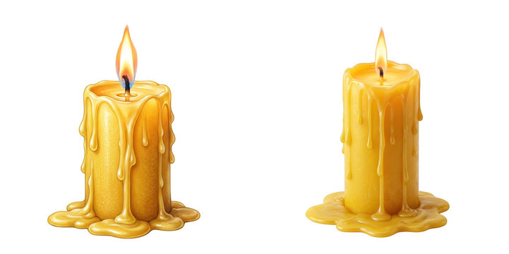 Two realistic yellow wax candles with melting drips isolated on transparent background