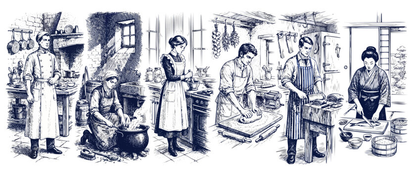 Vintage kitchen illustration cooking chefs preparing food throughout history in woodcut engraving style, featuring bakers kneading dough, butcher cutting meat, and historical culinary skills in action