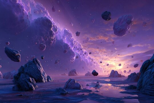 alien planet with glowing purple oceans and floating rocks