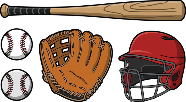 Baseball equipment icons illustration set, generic sports gear including bat balls glove and protective.