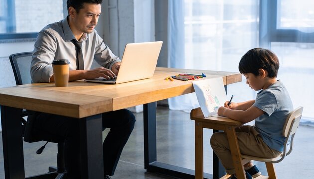 Working Father and Son Duo: A father works diligently on his laptop at a spacious desk, while his young son sits nearby, focused on his schoolwork, illustrating a modern home office setup.