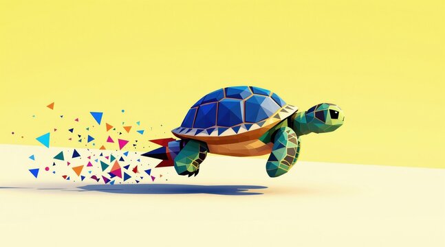 Low poly turtle with rocket booster flies fast leaving colorful geometric shapes. Speed, movement, acceleration, innovation, futuristic concept.