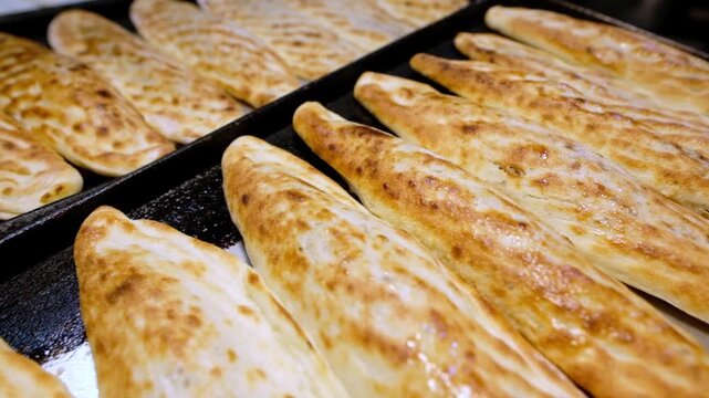 Close-up of golden baked Turkish pide lined on black oven trays. Hot and glossy stuffed pastries ready to serve, showing bakery production, traditional cuisine and appetizing food presentation.