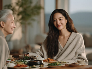Fototapeta premium An elderly grandmother with white hair and her adult granddaughter share a quiet warm meal indoors, gazing gently at each other across a wooden table filled with traditional Korean side dishes