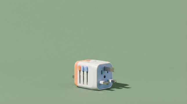 White universal travel adapter with colorful accents sits on a plain green surface in a studio. This device provides essential power conversion for various countries worldwide, aiding travelers