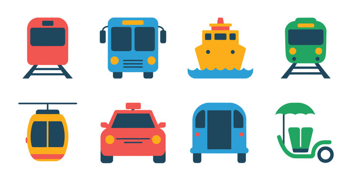 Transportation icons illustration set, generic train bus ship car cable car auto rickshaw and rickshaw vehicles.