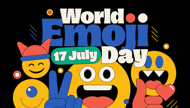 World Emoji Day icons, colorful emoticon set, July 17th celebration, digital stickers